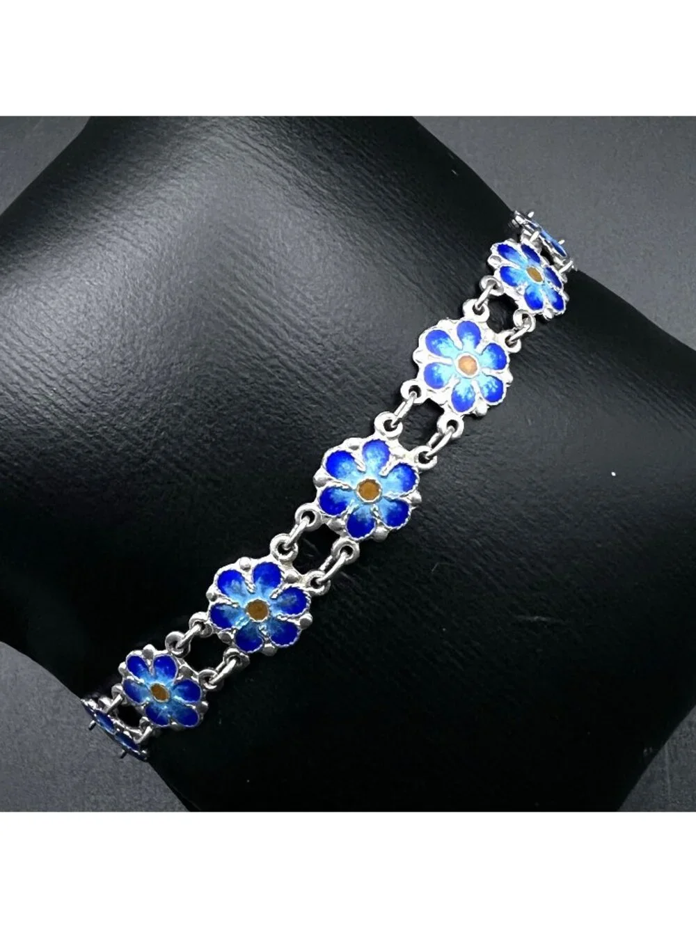 Vintage Sterling Silver Blue Enamel Forget-Me-Not Panel Link Bracelet 7.5
